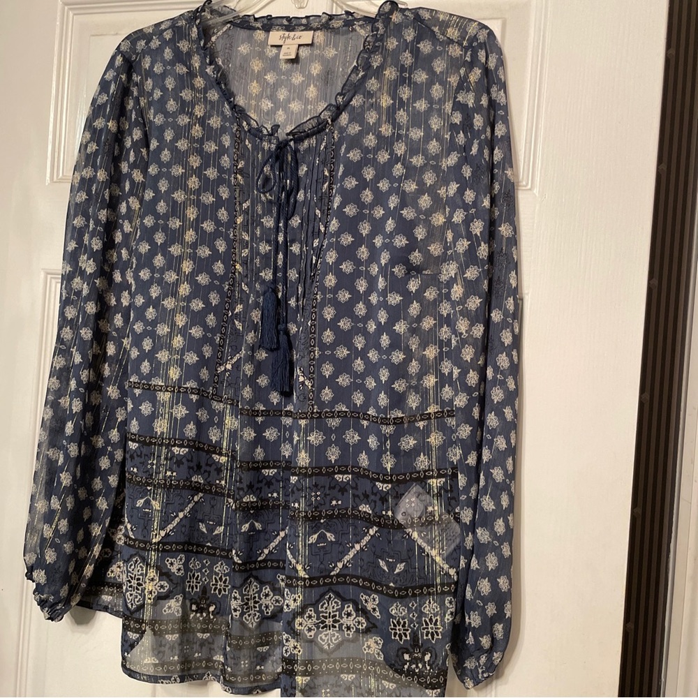 Style & Co PL Long Sleeve Blue Split Neck Autumn Retreat Hazel Floral W/camisole